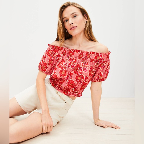 LOFT Tops - NWT LOFT Floral Crinkle Jacquard Off-the-Shoulder Top – Fresh Guava